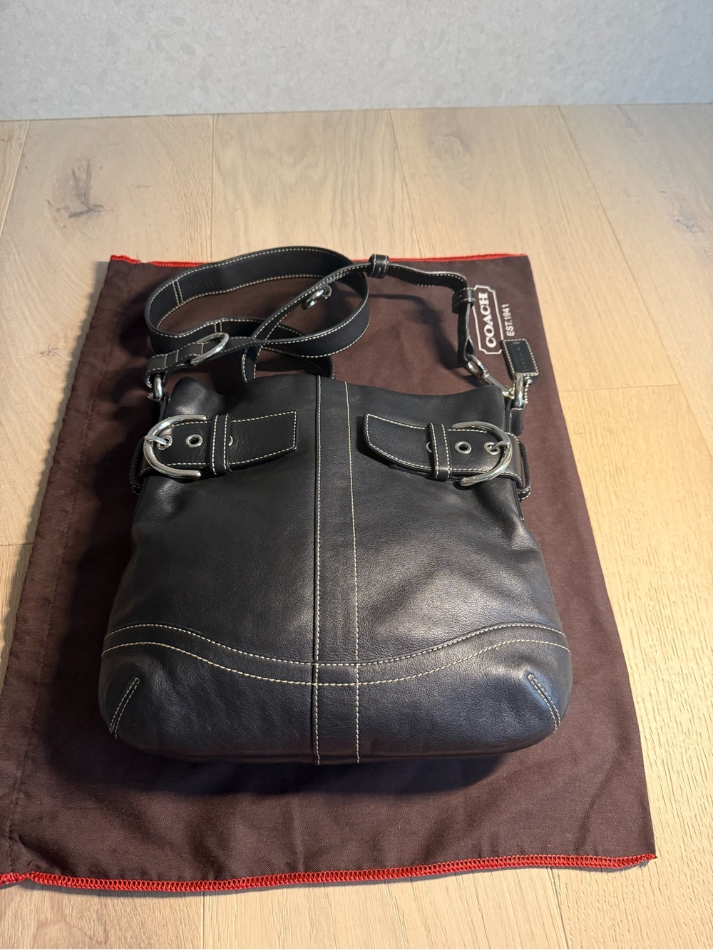 Coach Black Leather Messenger Bag with Contrast Stitching